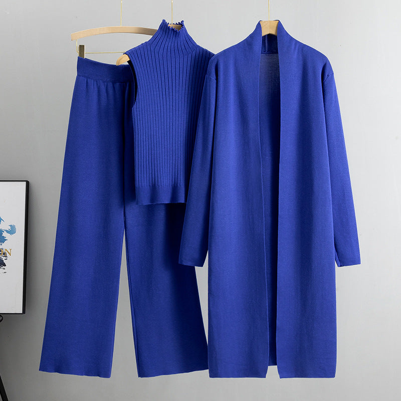 Women's 3-Piece Knitwear Set – Sleeveless Vest, Long Cardigan and Wide-Leg Trousers