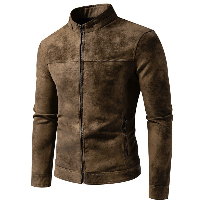 Men's Retro Faux Leather Bomber Jacket – Stand Collar, Relaxed Fit
