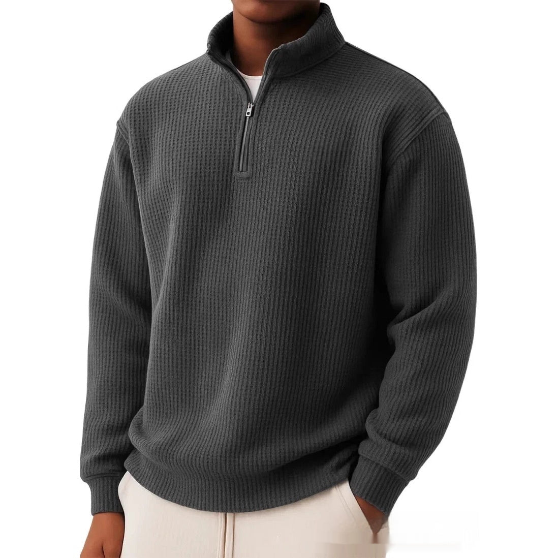 Men's Waffle Knitwear Sweatshirt – Relaxed-Fit Half-Zip