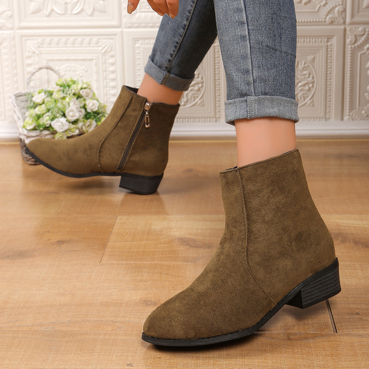 Women's Suede Ankle Boots – Block Heel, Side Zip Closure