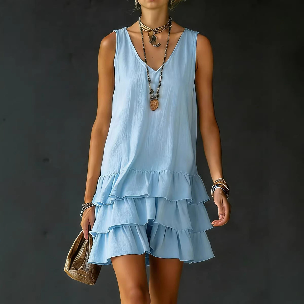Women's Mini Dress – Lightweight Textured Fabric Sleeveless with Ruffles