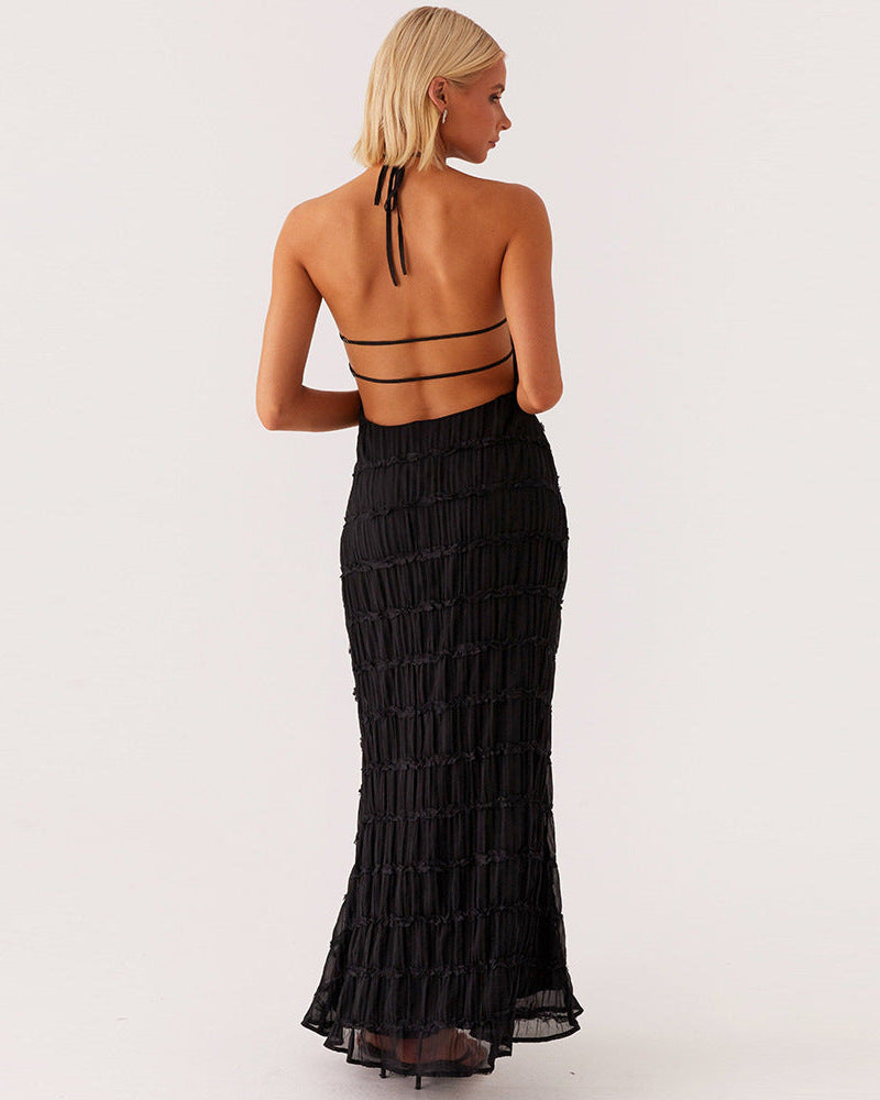 Women's Striped Pleated Maxi Dress – Elegant Halter Open Back