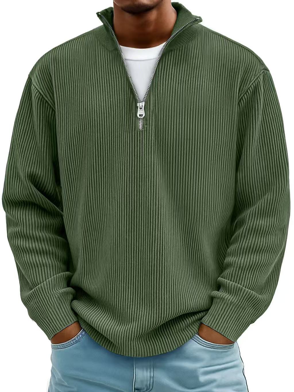 Men's High-Neck Zippered Sweater – Ribbed Knitwear, Versatile Look