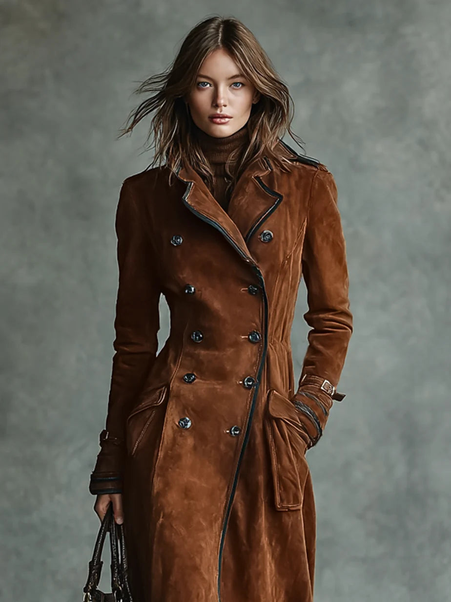 Women's Long Faux Suede Coat – Modern Notched-Collar Silhouette