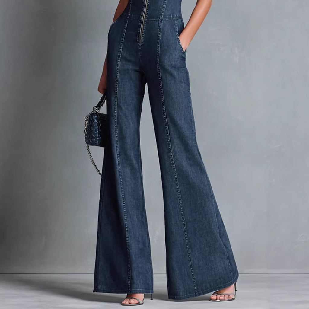 Women's Denim Jumpsuit – Fitted Cut Sleeveless with Stand Collar and Zip