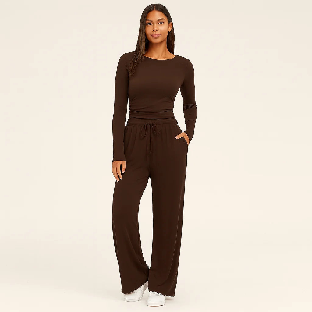 Women's Two-Piece Set - High-Waisted Wide-Leg Trousers & Long-Sleeved Top