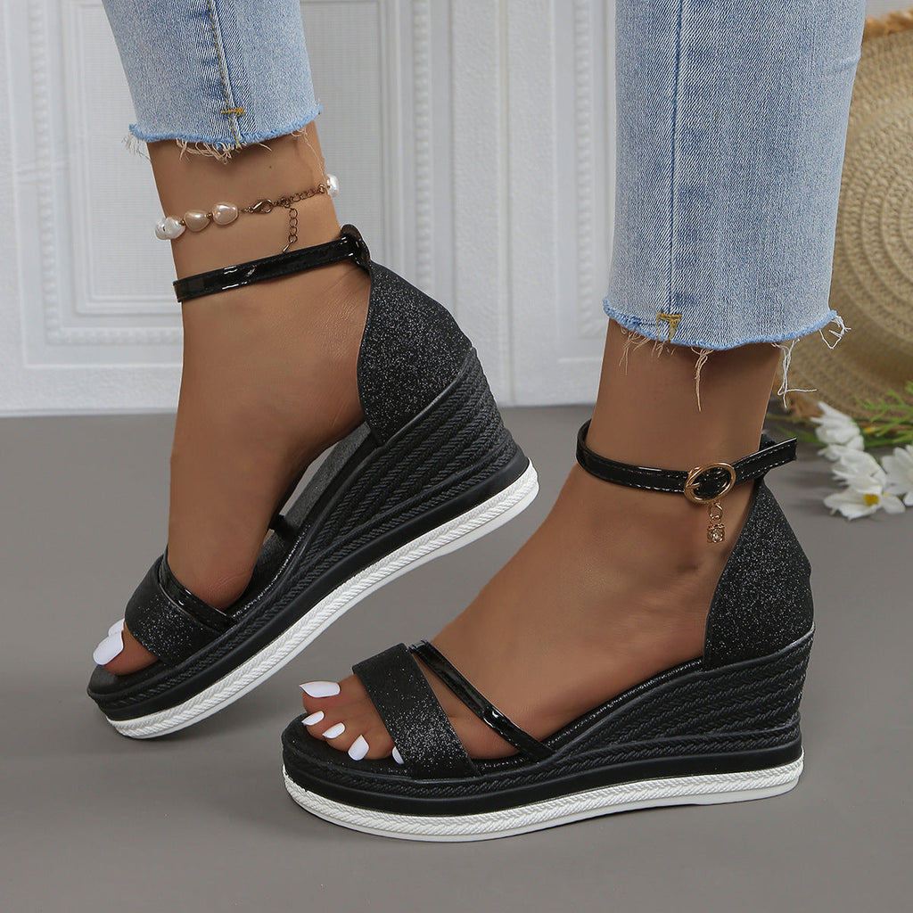 Women's Thick-Sole Sandals – Rhinestone Heel and Buckle Strap