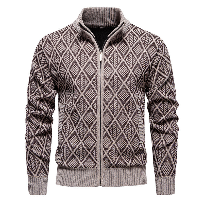 Men's Cardigan with Stand Collar - Zip Closure and Side Pocket