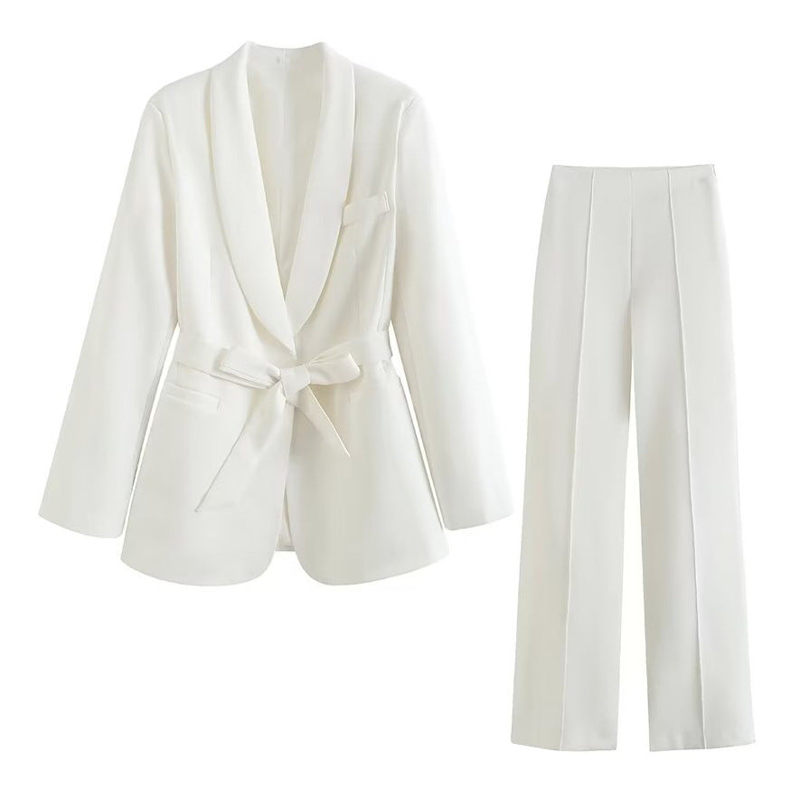 Women's Blazer and Pants Set – Elegant Waist-Tied Size