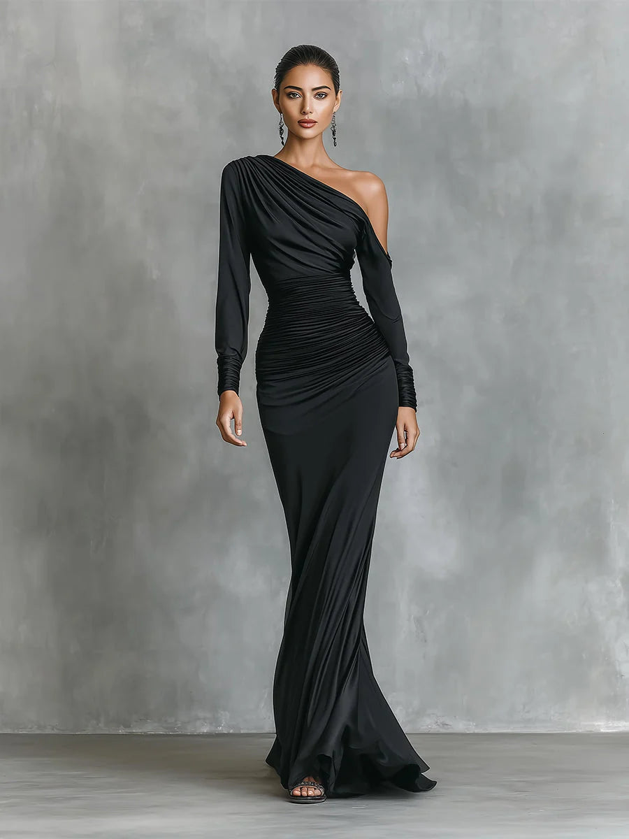 Women's Long Bodycon Dress – Off-Shoulder, Defined Waist