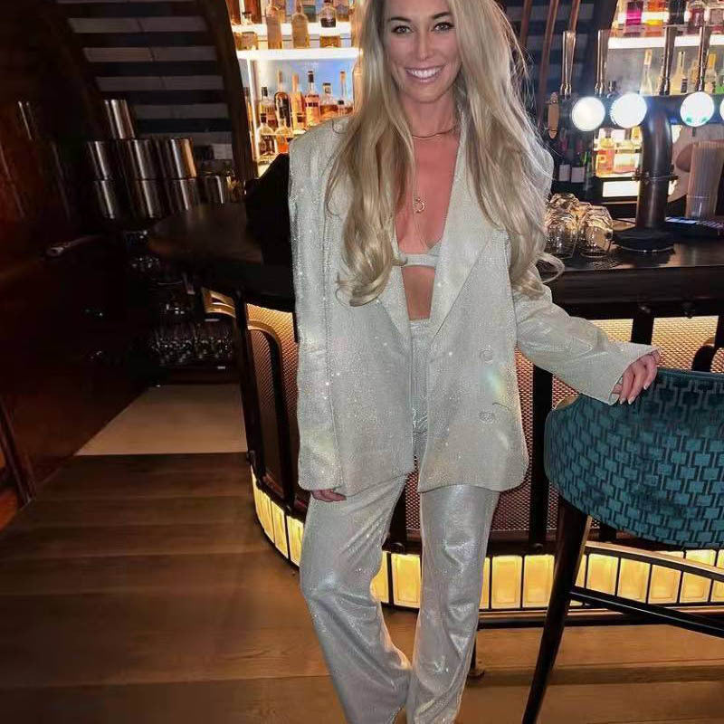 Women's 3-Piece Set – Shiny-Finish Blazer, Bralette, Straight-Leg Trousers