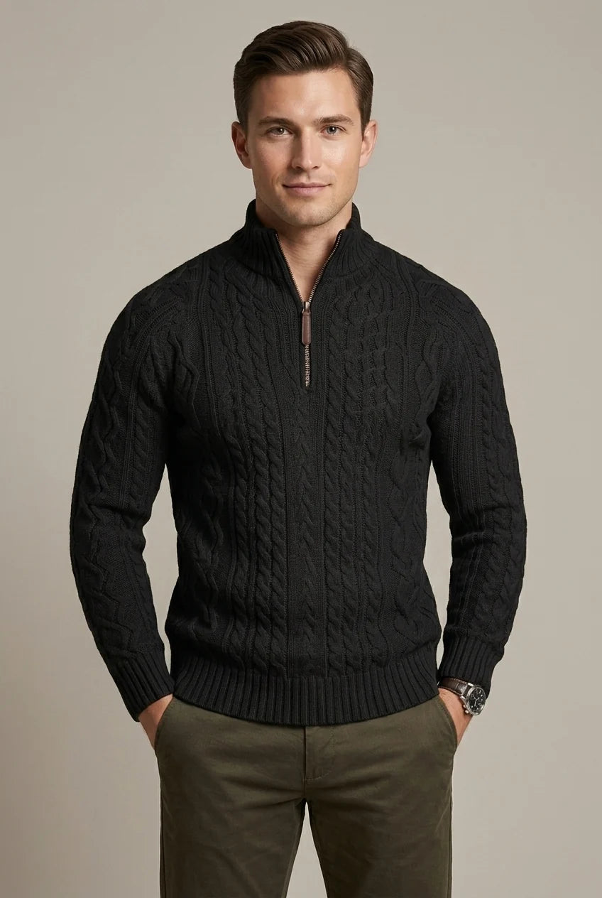Men's Sweater with Zippered Collar – Thick Cable Knit