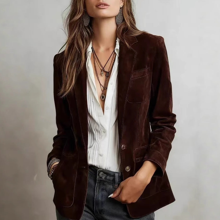Women's Retro Suede-Effect Jacket – Loose Buttoned Fit
