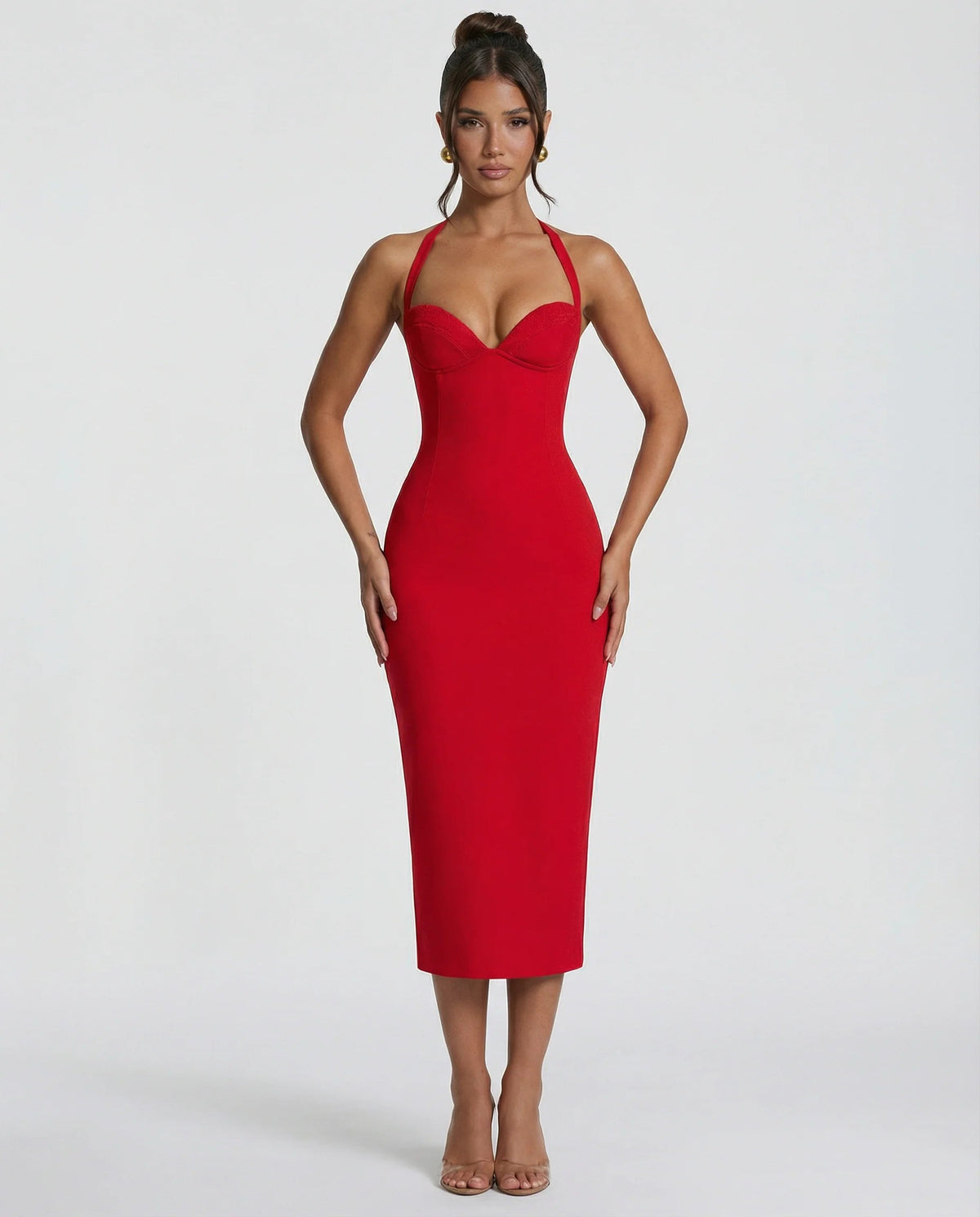 Women's Midi Dress – Halter Neckline, Structured Fit, Back Slit