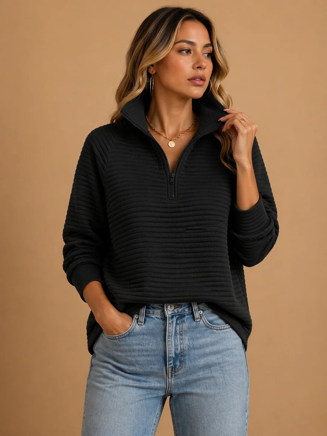 Women's Ribbed Knitwear Sweater – Minimalist Short-Zip Mock Neck