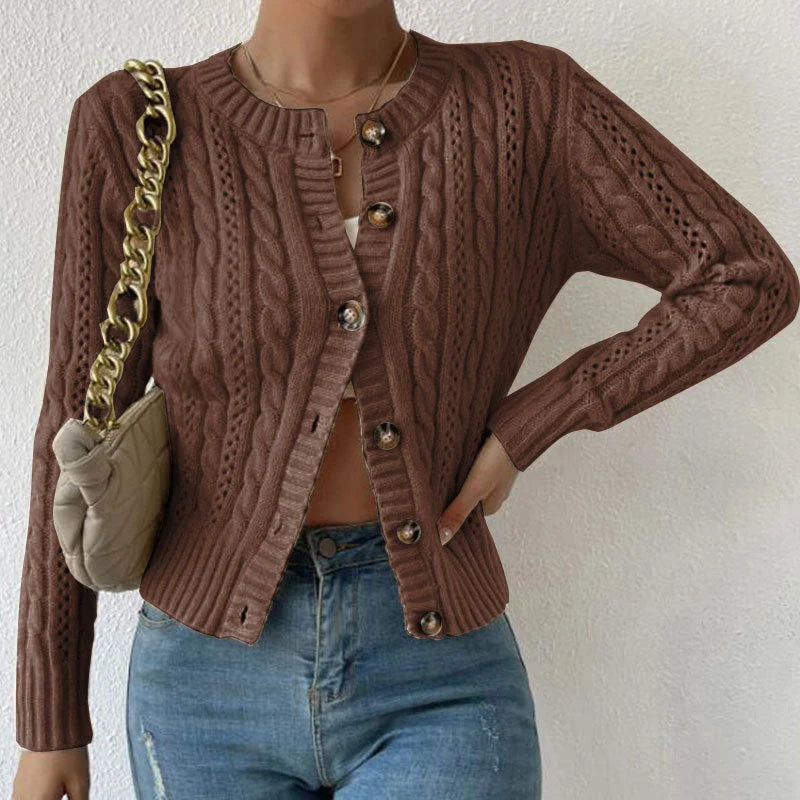 Women's Cable-Knit Cardigan – Buttoned Round Neck