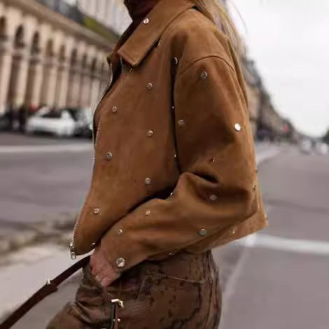 Men's Suede-Look Studded Jacket – Stylish Vintage Collar
