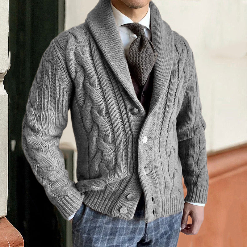 Men's Knit Cardigan - Buttoned Twisted Shawl Collar