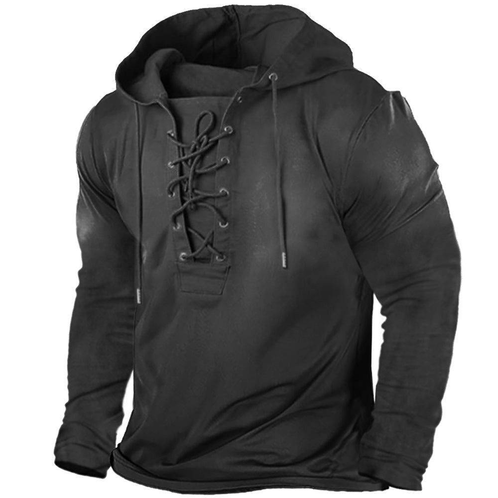 Men's Lace-Up Hooded T-Shirt - Long Sleeves Relaxed Fit