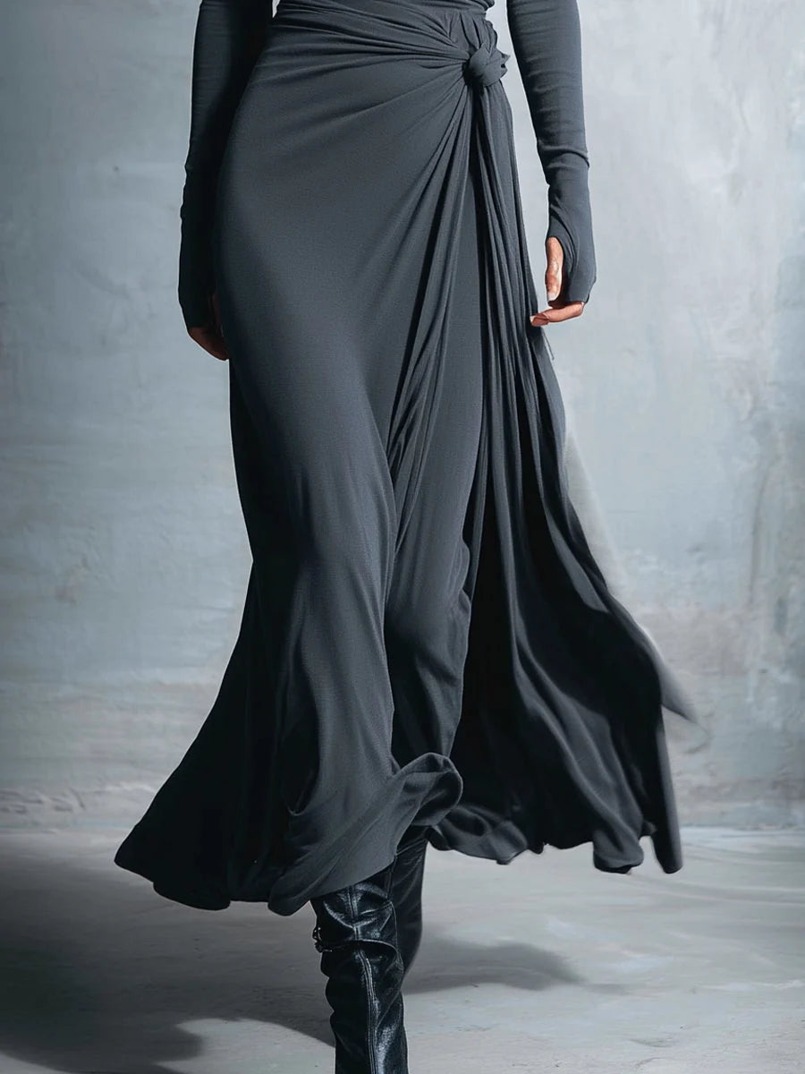 Maxi Wrap Dress for Women – Elegant Bow Detail Long Sleeves