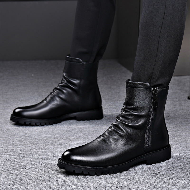 Men's Leather Boots – Patent Finish, Side Zip, Wool Lining