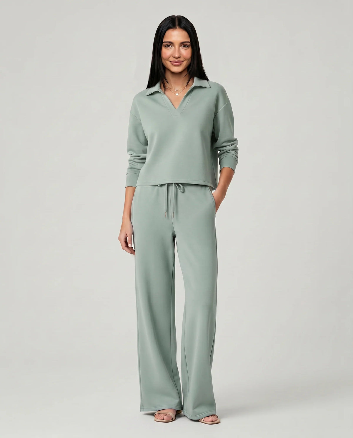 Women's Two-Piece Set – Relaxed V-Neck Top and Wide-Leg Trousers
