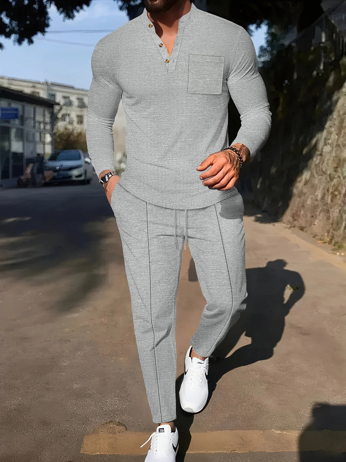 Men's Two-Piece Waffle Set – Henley Top & Casual Trousers