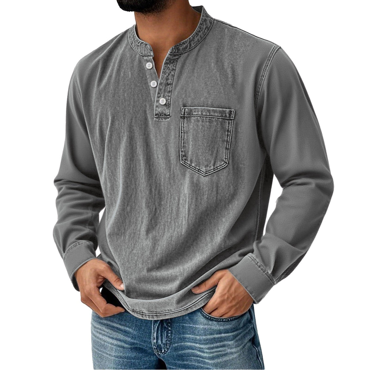 Long-Sleeve Men's Henley – Slim Fit with Three Buttons