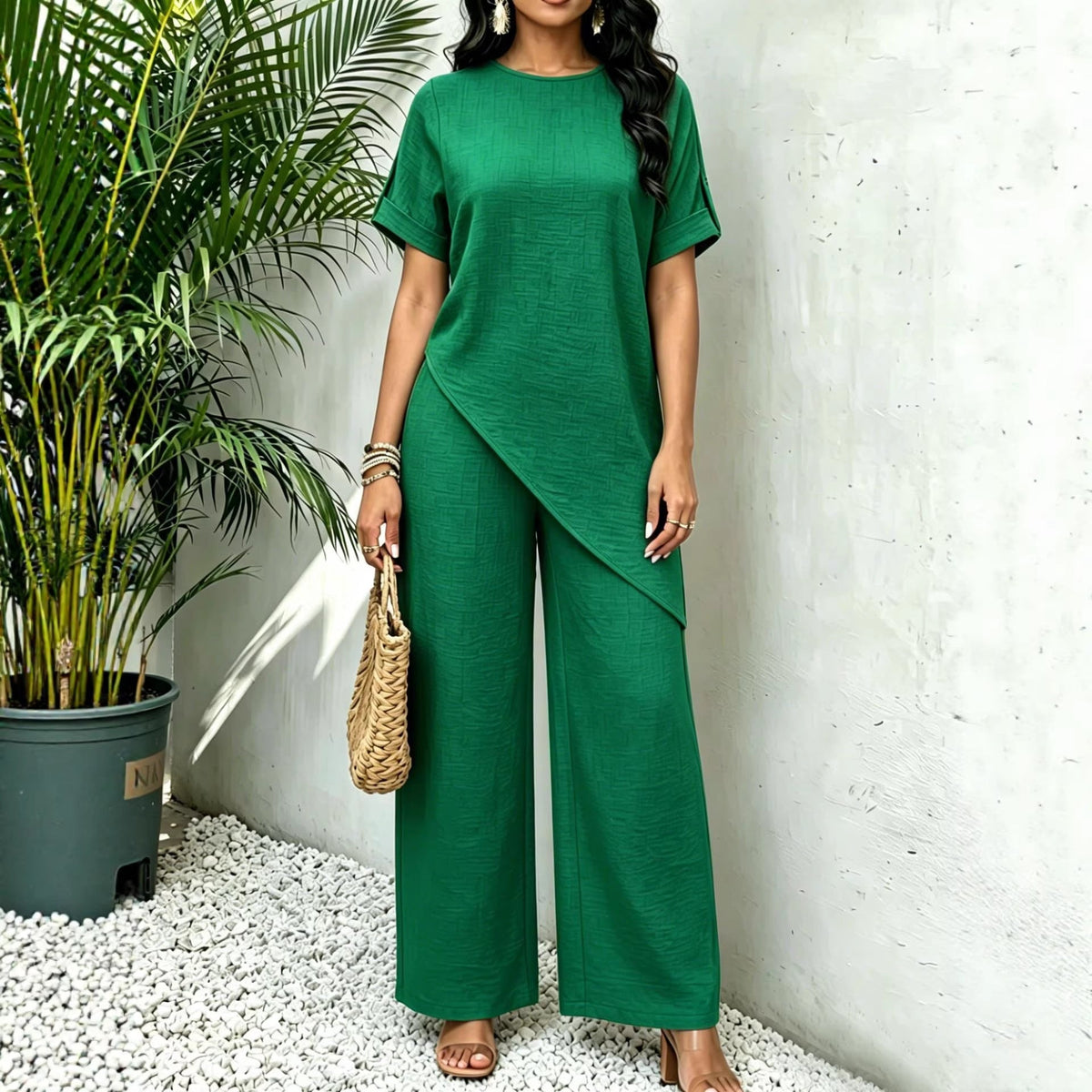 Women's Two-Piece Set – Mid-Length Top and Wide-Leg Pants, Relaxed Fit
