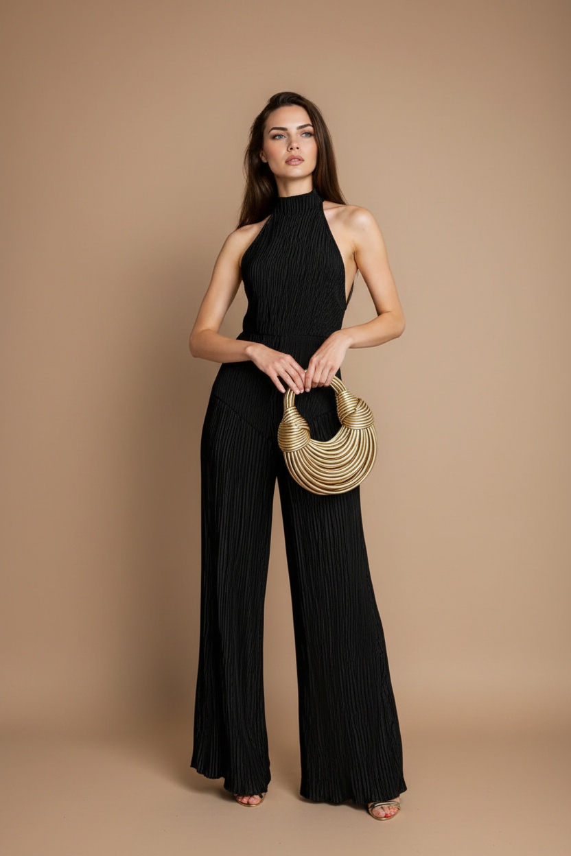 Women's Two-Piece Set – Asymmetrical Off-Shoulder Top and Pleated Trousers