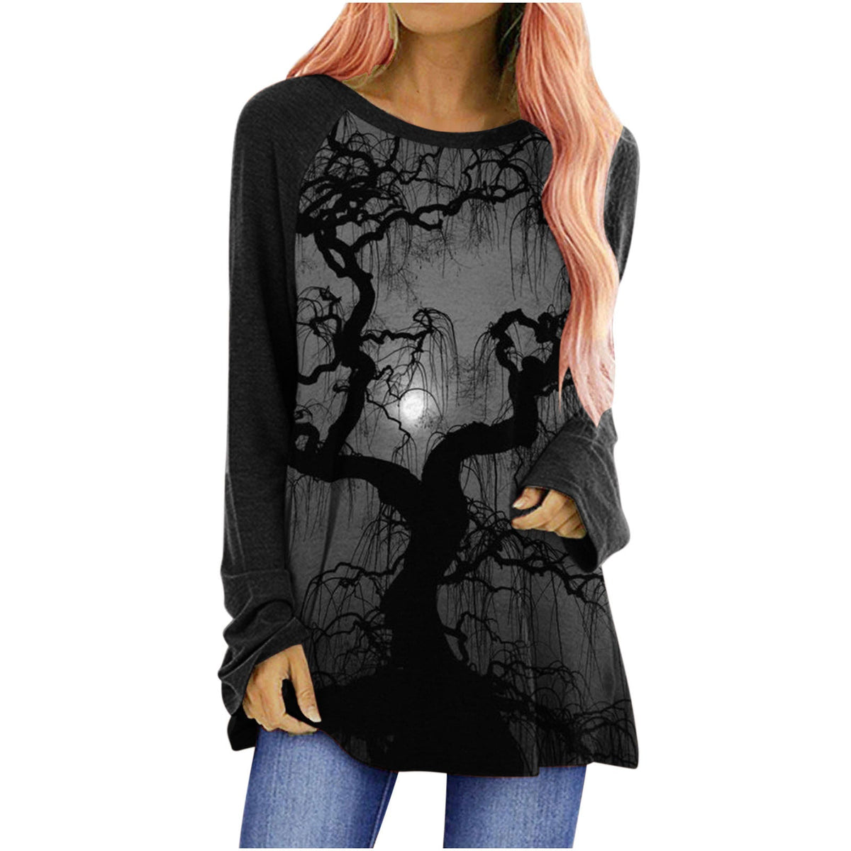 Women's Long-Sleeved Halloween Top - Casual Crew Neck with Graphic Design