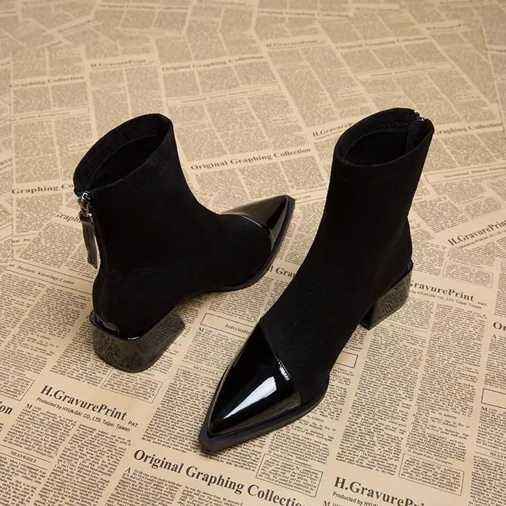 Women's Ankle Boots with Wide Heel – Pointed Toe, Low Shaft
