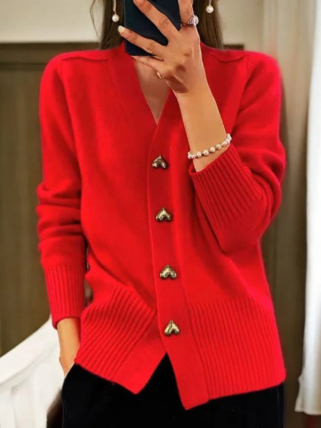 Women's Knitwear Cardigan – Long V-Neck with Decorative Buttons
