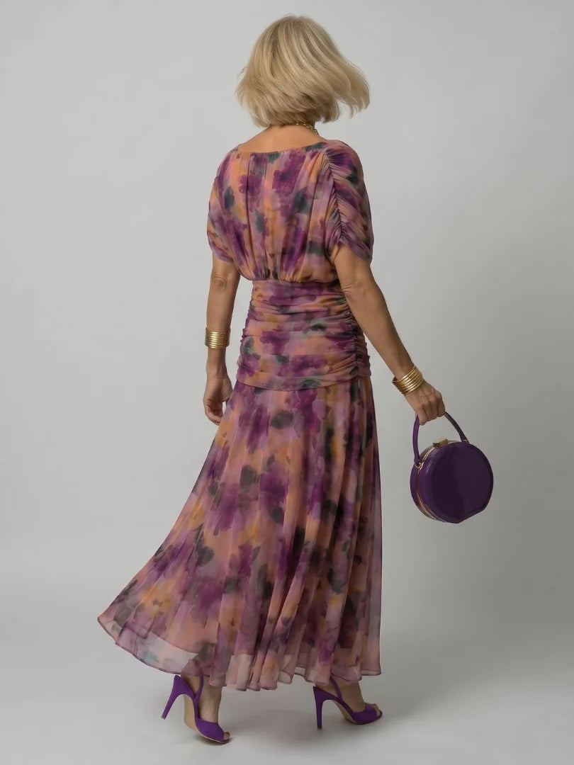 Women's Maxi Chiffon Dress – V-Neck Print, Short Sleeves