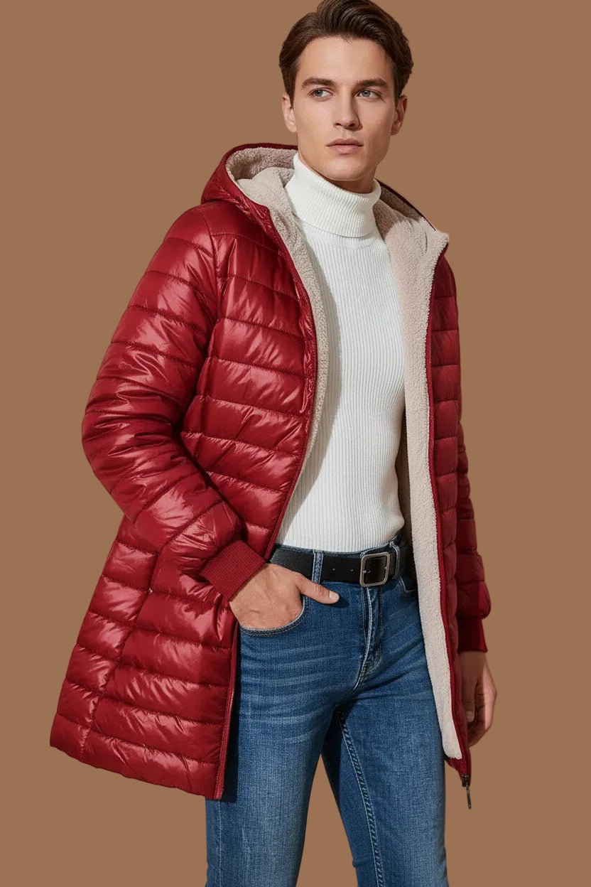 Men's Mid-Length Hooded Quilted Jacket - Fleece Lining