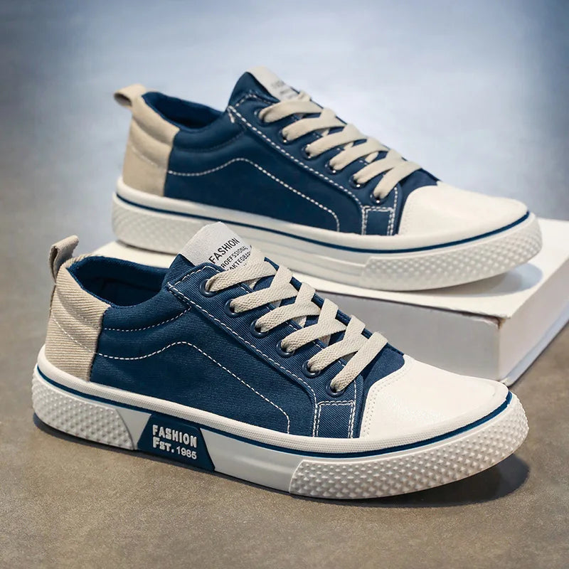 Men's Canvas Sneakers – Textured Finish, Contrasting Panel, Low Design
