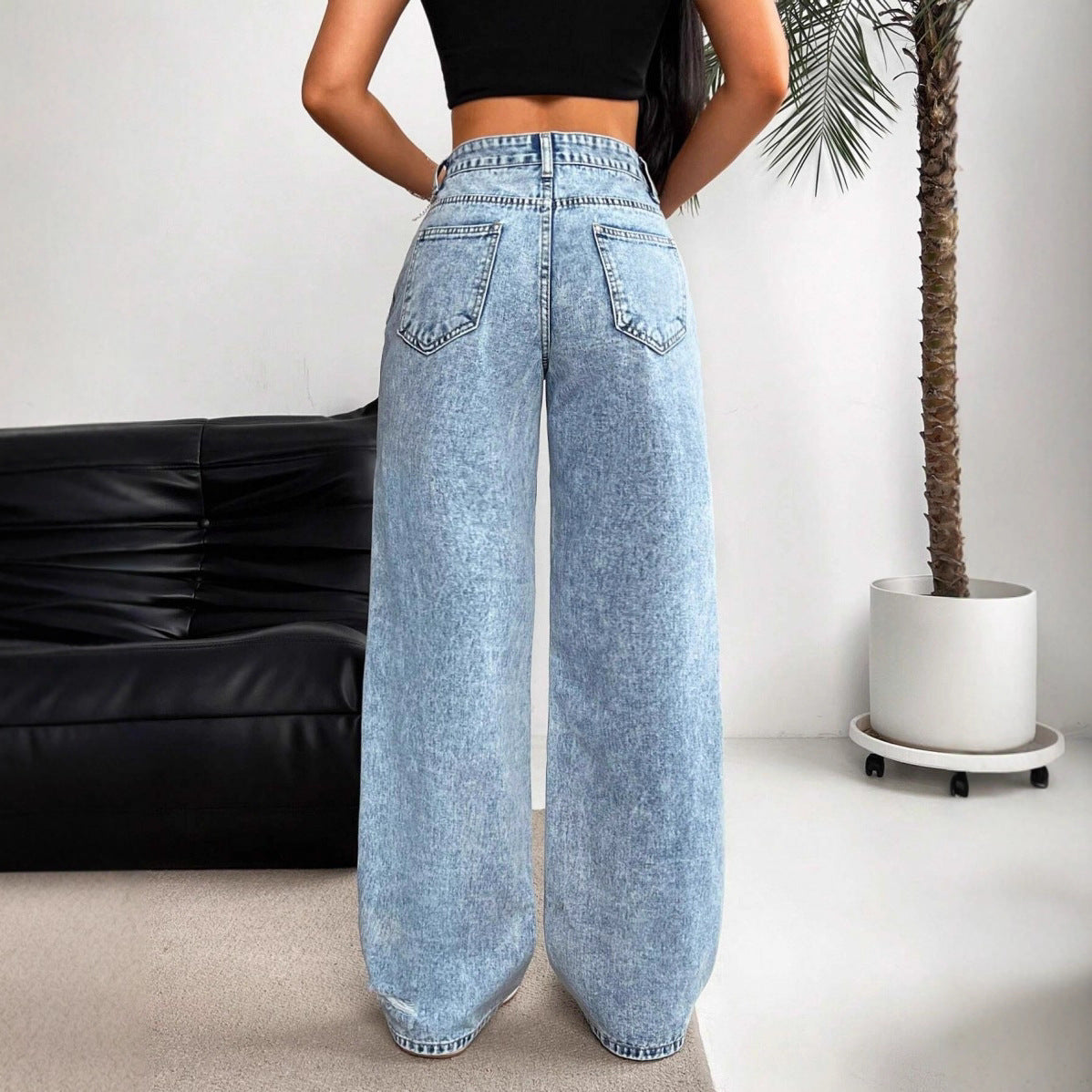 Women's High-Waisted Cotton Jeans – Wide Straight-Leg Distressed Fit