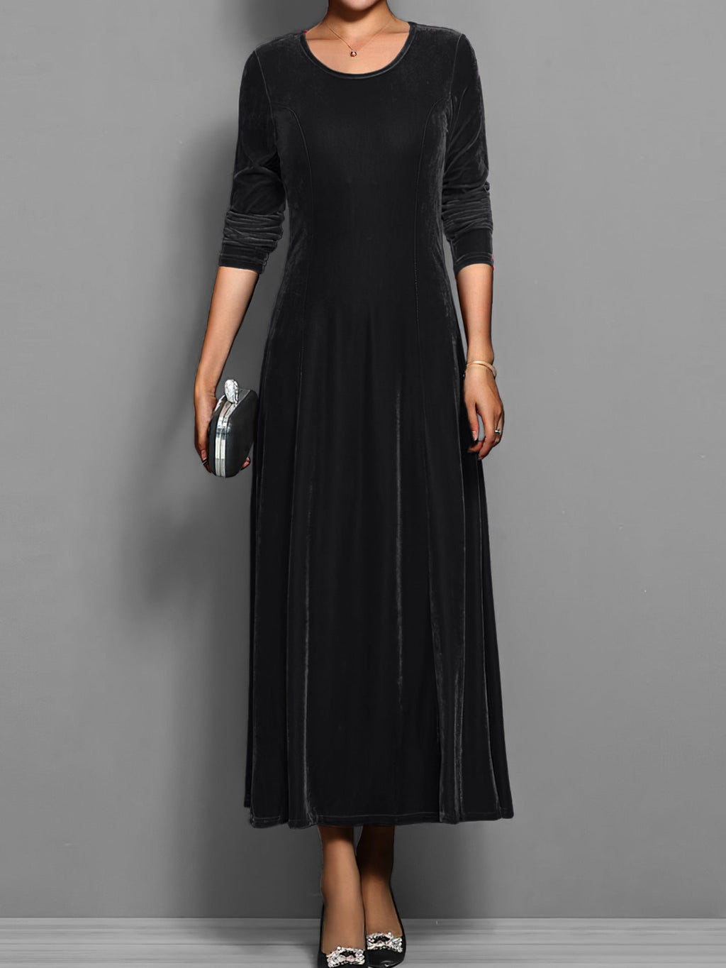 Women's Long Velvet Dress – A-Line Fit, Elegant 3/4 Sleeves