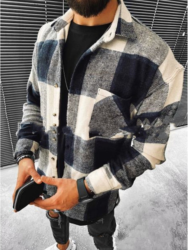 Men's Cotton-Blend Checked Shirt – Long Sleeve, Pocket