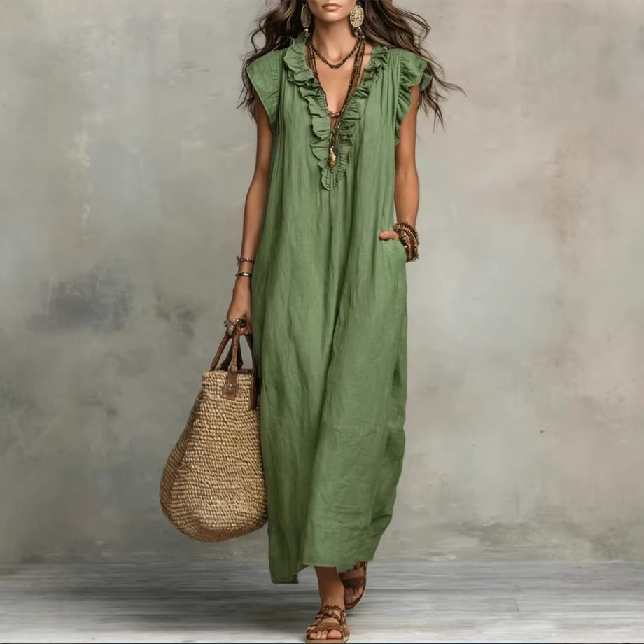 Women's Sleeveless Maxi Dress – Elegant Ruffles and Practical Pockets