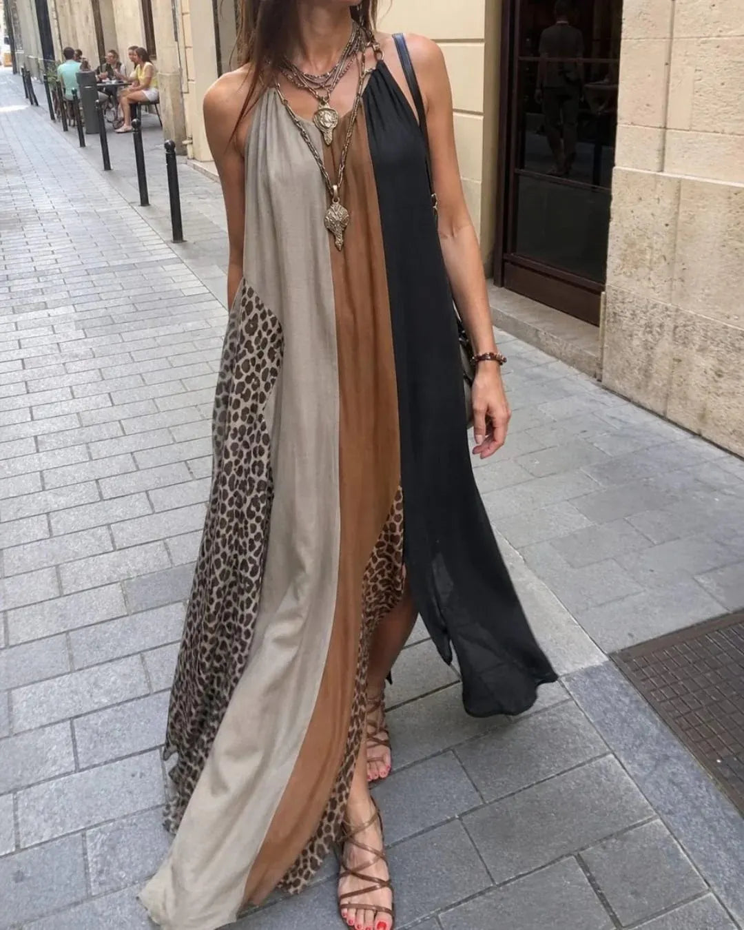 Women's Long Sleeveless Dress – Leopard Print, Flowing Fit