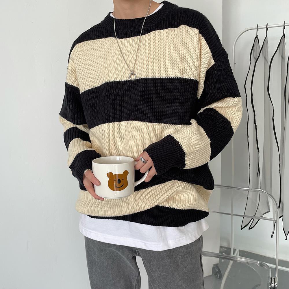 Men's Striped Sweater – Crew Neck, Loose Fit