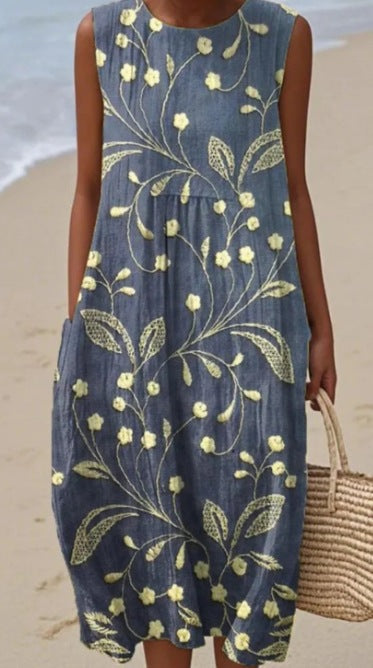 Women's Sleeveless Midi Dress – Casual Fit Elegant Print
