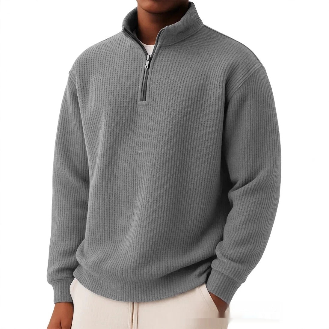 Men's Waffle Knitwear Sweatshirt – Relaxed-Fit Half-Zip