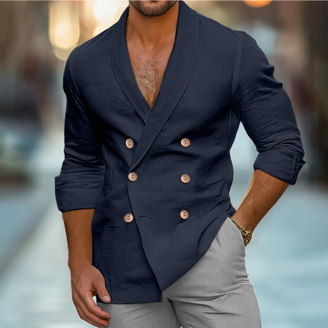 Men's Double-Breasted Blazer – Polo Collar, Casual Fit