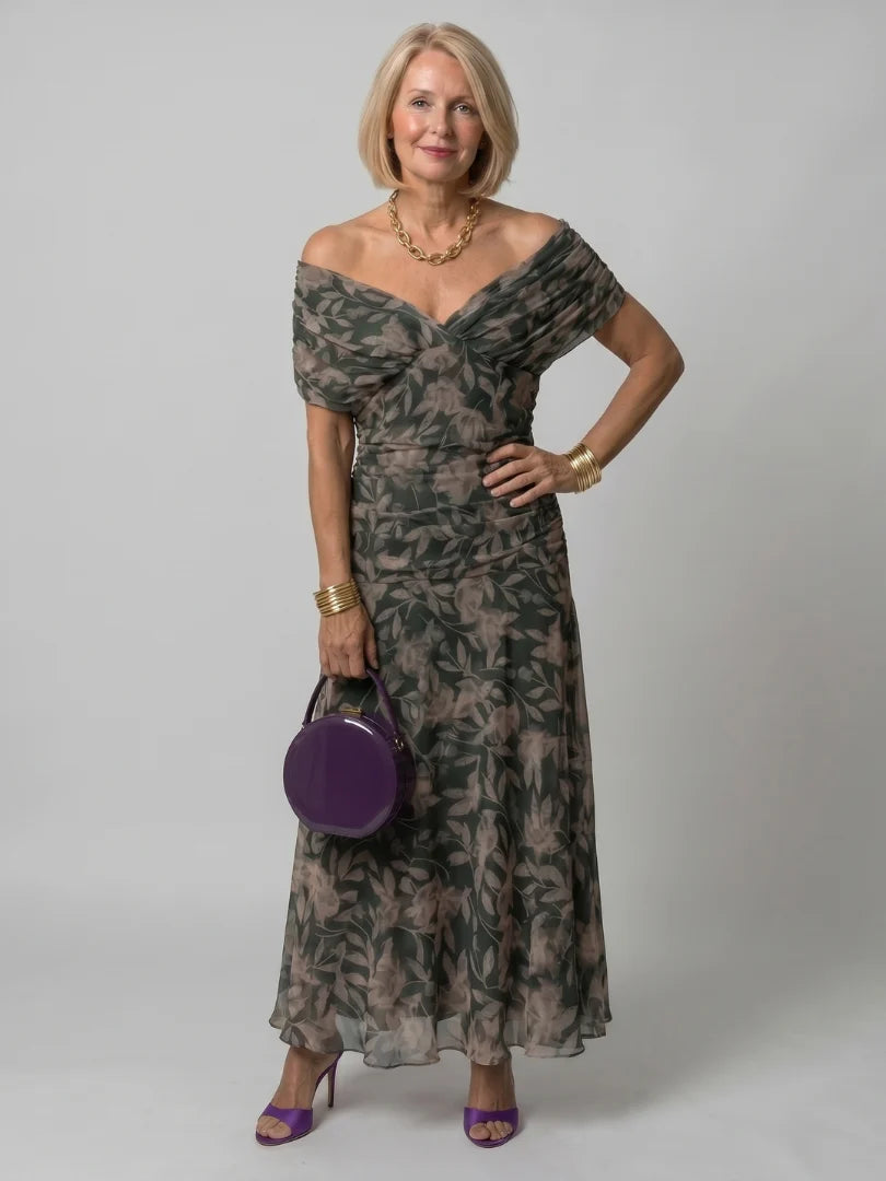 Women's Maxi Chiffon Dress – V-Neck Print, Short Sleeves