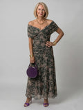 Women's Maxi Chiffon Dress – V-Neck Print, Short Sleeves