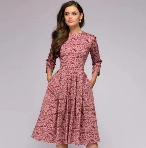 Women's Midi Flared Printed Dress – Elegant Pleats, Defined Waist