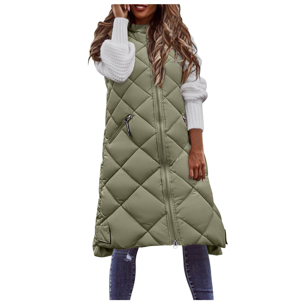 Women's Long Hooded Vest – Mid-Length Quilted Fit, Zip Closure