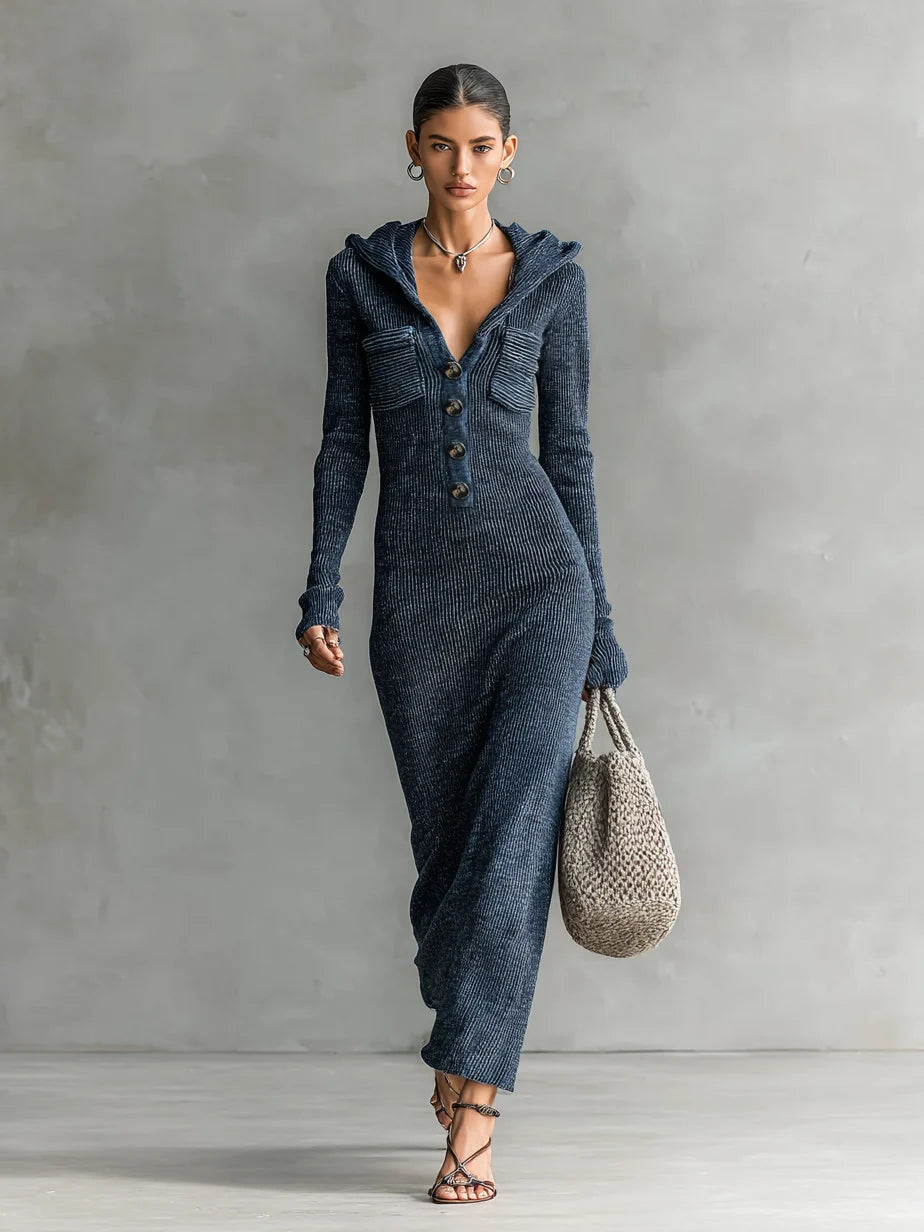 Long Knitted Dress for Women – Fitted Hooded Straight Fit